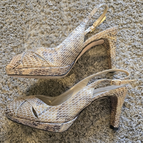 Womens Stuart Weitzman Size 7 Snake Skin Sling Back Peep Toe Heels Tan Cream - Picture 5 of 13
